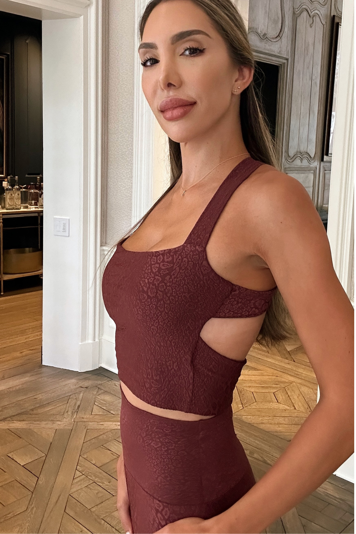 brown burgundy activewear crop top square neck luxury atlanta cheetah sheen