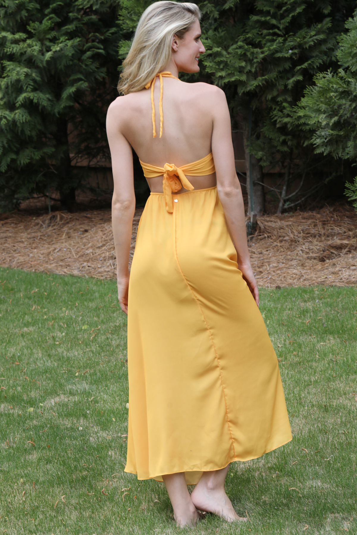 long halter yellow summer dress with loop