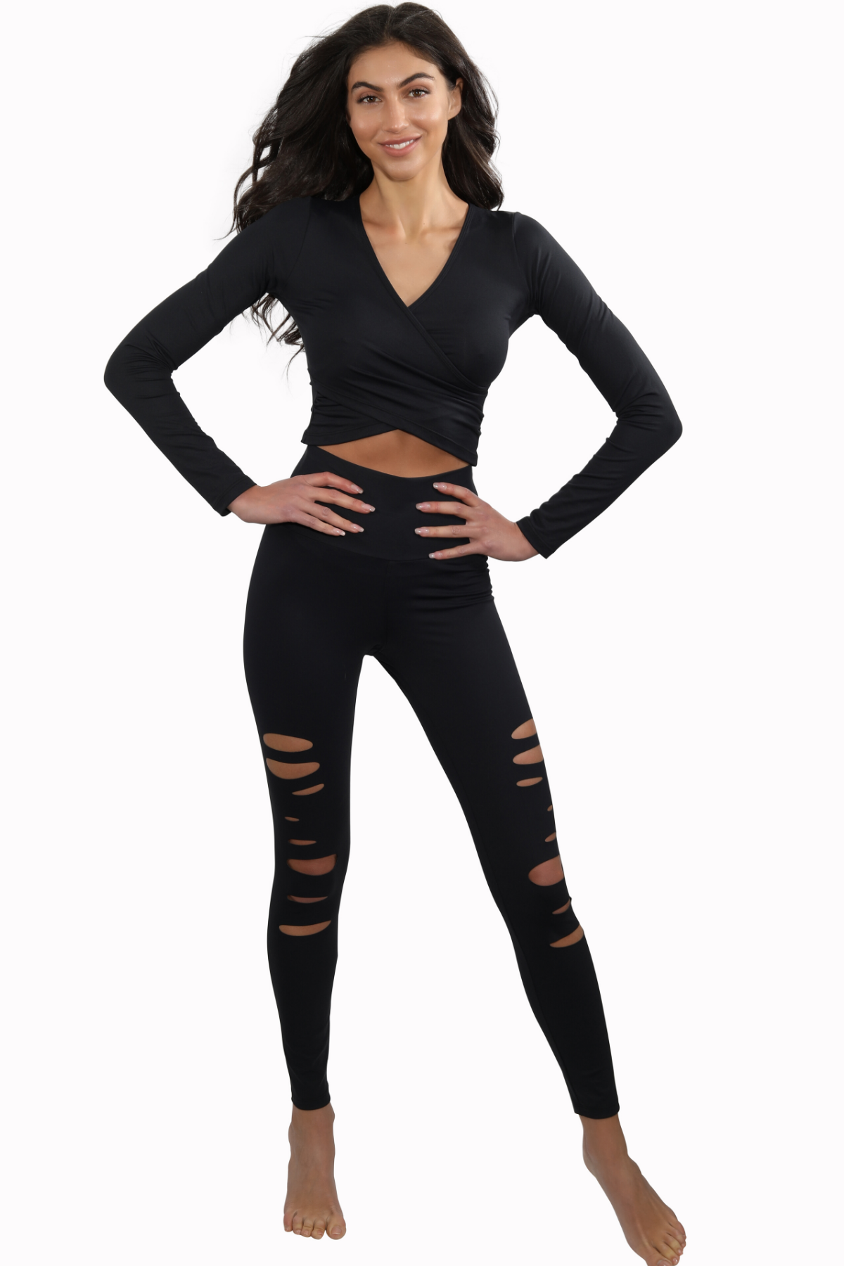 Black Athleisure Long Sleeve V Neck Top