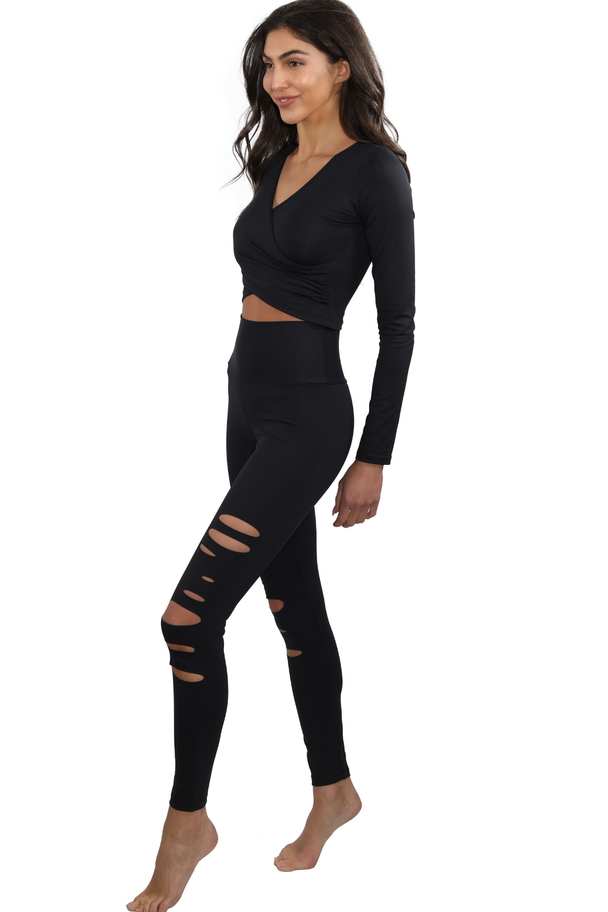 Black Athleisure Long Sleeve V Neck Top