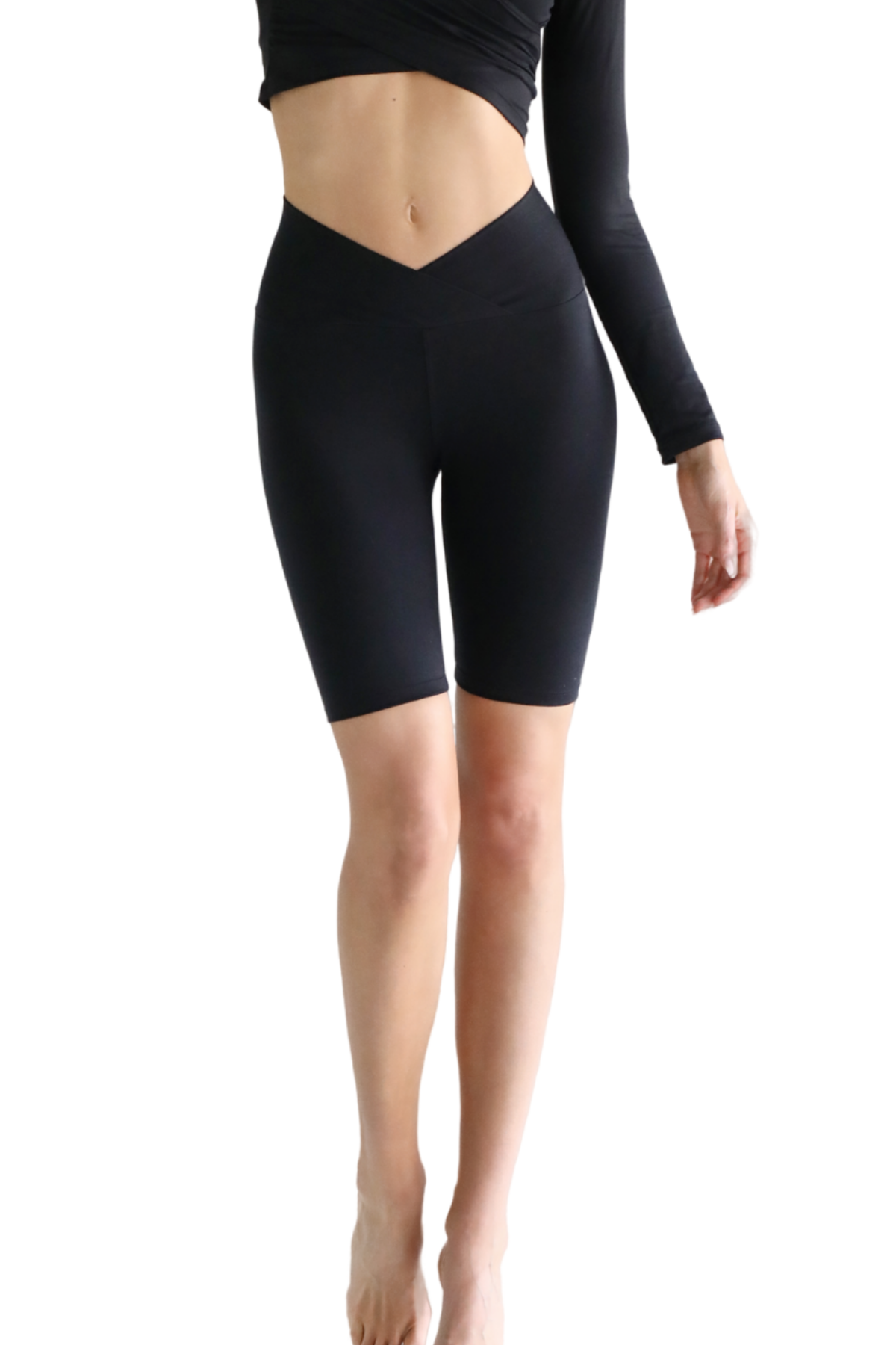 black biker shorts. v fold cross over waistband.