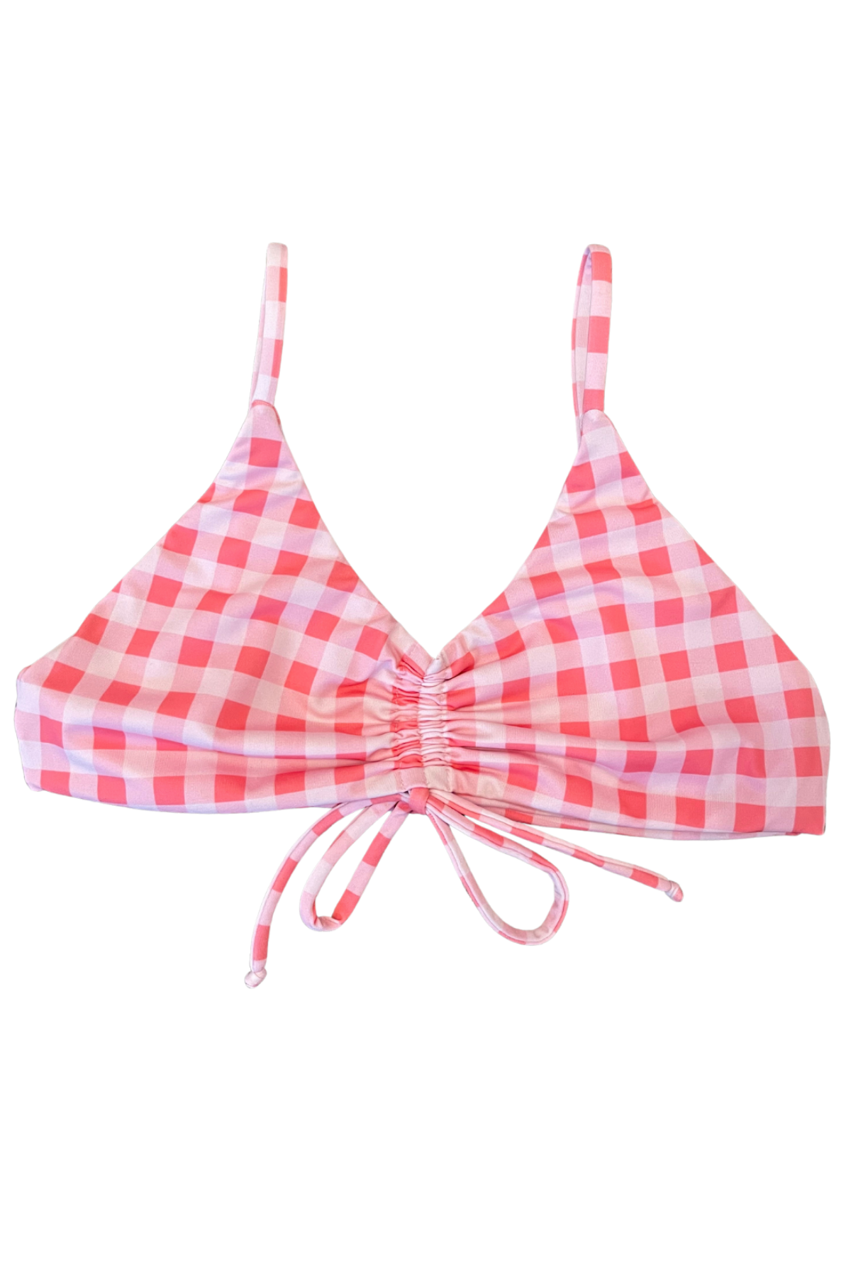 gingham bikini top with adjustable center scrunch tie