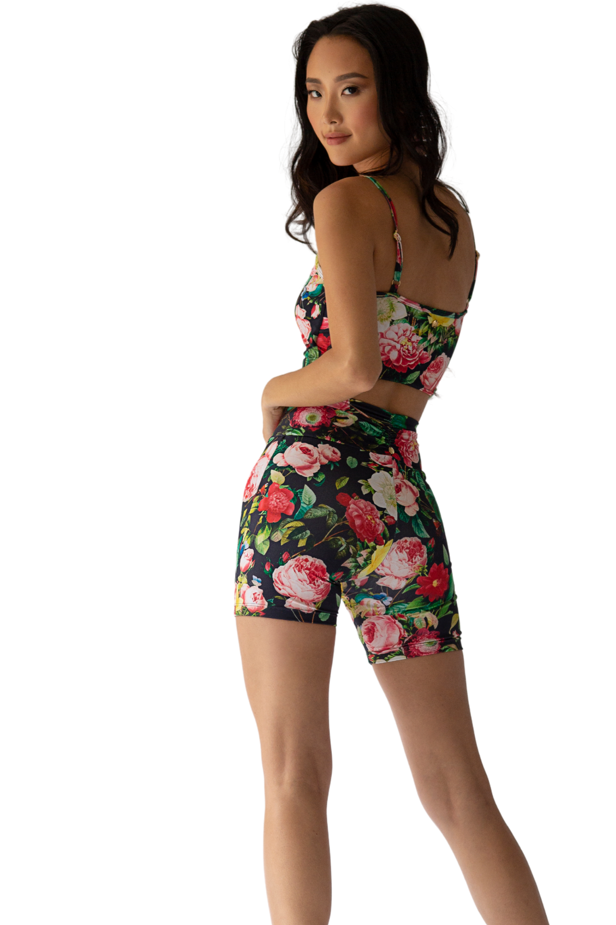 high waist v scrunch waistband activewear floral shorts