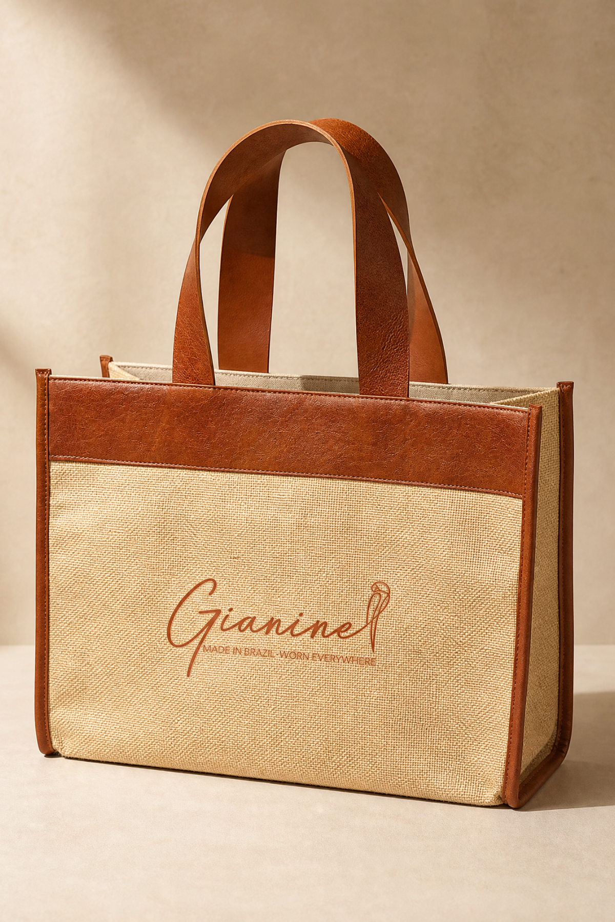 Gianine luxury beach tote crafted from natural canvas with rich brown leather trim and oversized leather handles. This spacious resort tote features the Gianine logo and is perfect for beach days, travel, shopping, and everyday use.