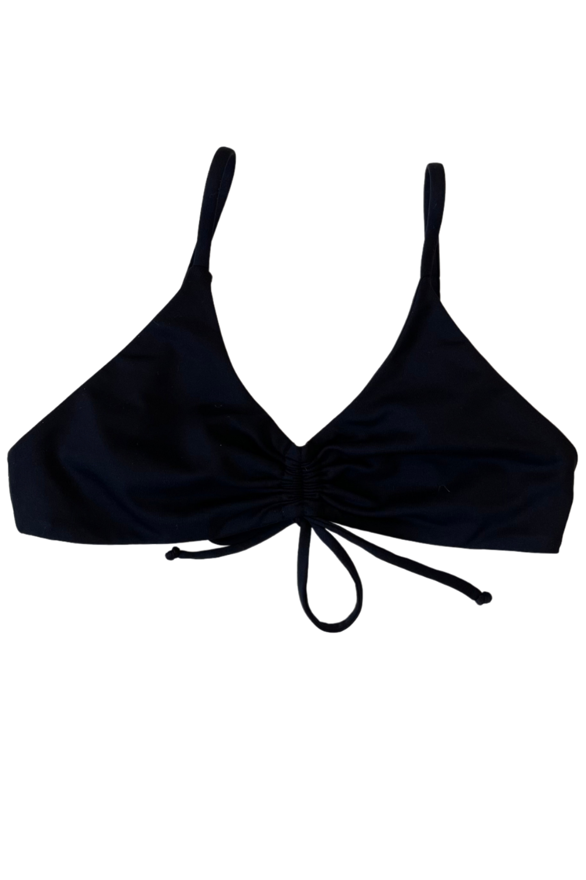 black adjustable v neck bikini top with scrunch center