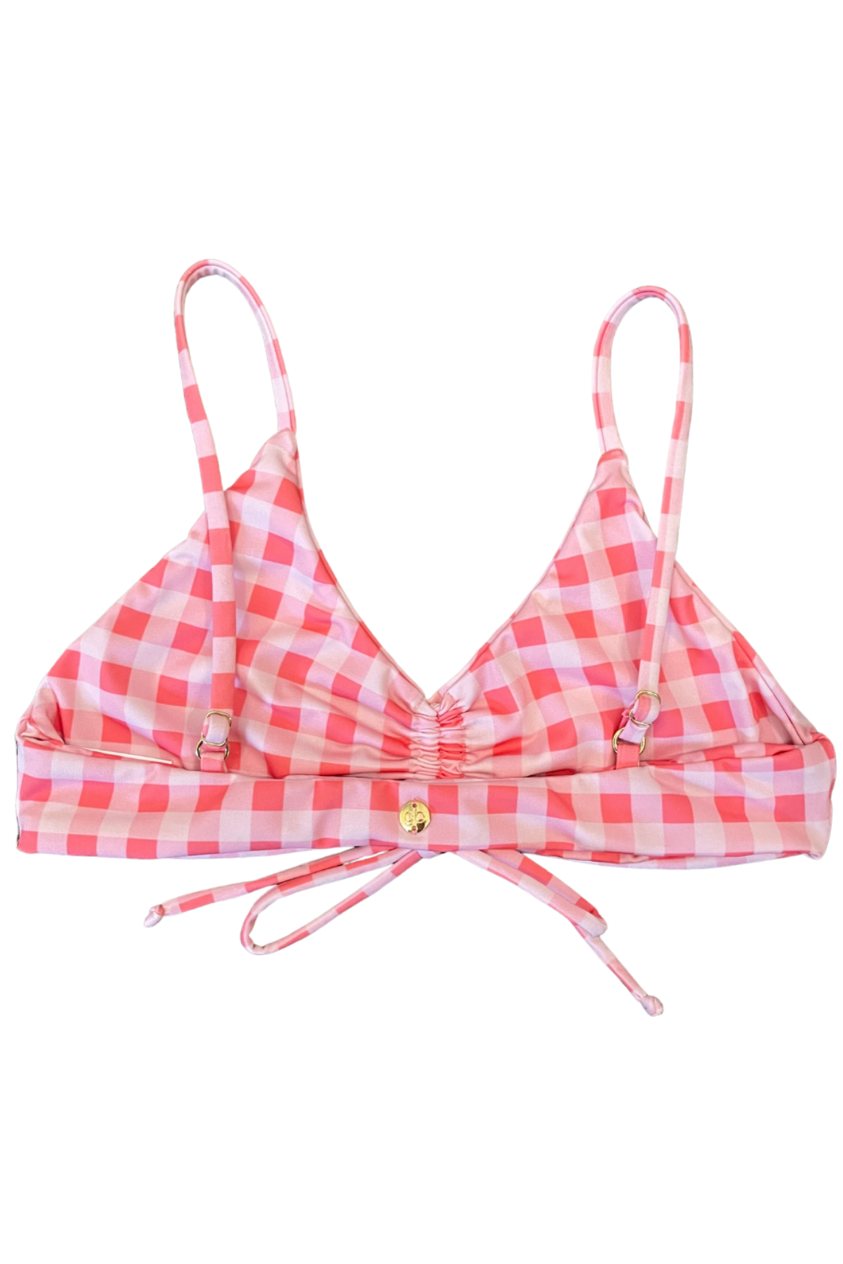 gingham bikini top with adjustable center scrunch tie